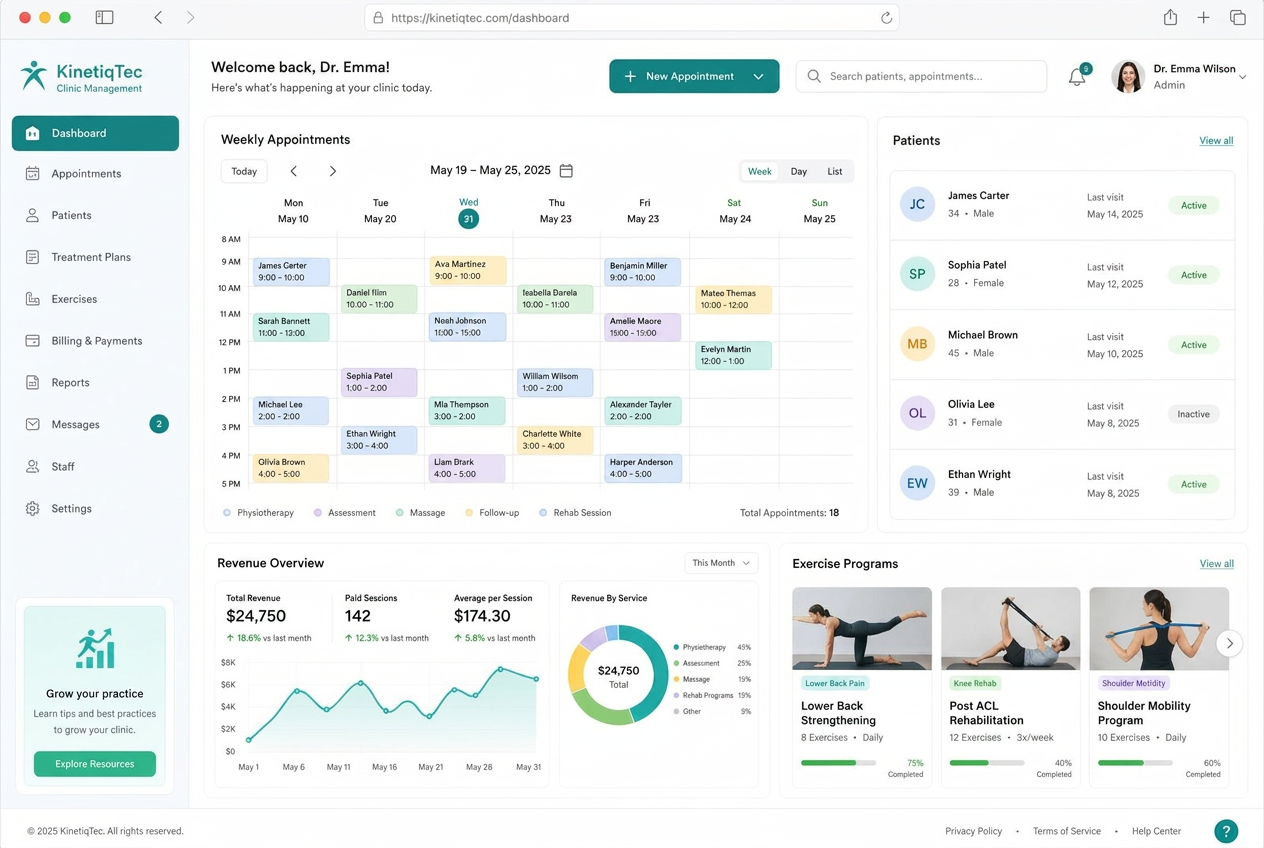 KinetiqTec physiotherapy clinic dashboard with calendar, patients and analytics